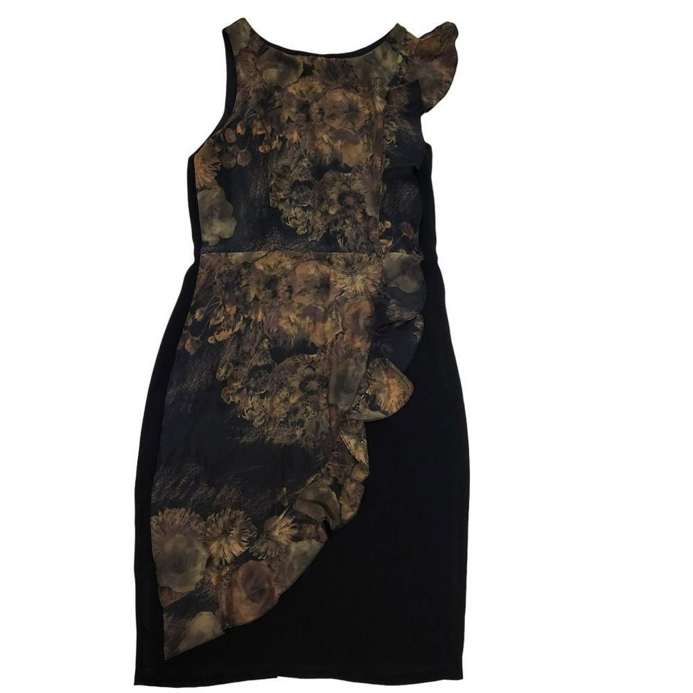 Eva Franco Sleeveless Midi Dress Silk Ruffle Black with Gold Brown Women's 6